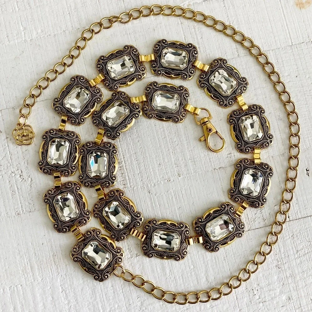 Gold Crystal Concho Chain Waist Statement Belt Formal wedding Bridal party event